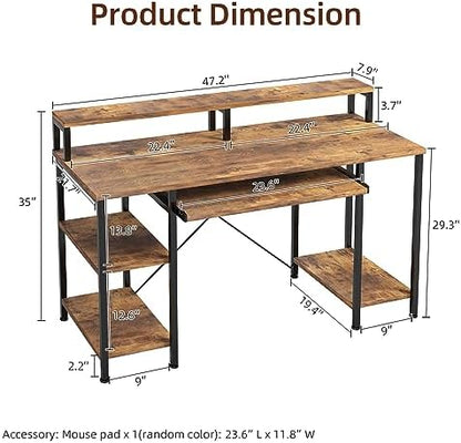 VERMESS 48Inch Computer Desk, Home Office Desks with Keyboard Tray, Gaming Desk with CPU Stand Shelf,Industrial Study Table Wide Writing Desk with Storage Shelves for 2 Monitors, Rustic Brown