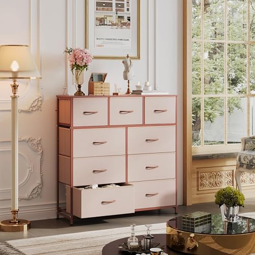 WLIVE Tall Dresser for Bedroom, 9 Drawer Chest of Drawers, Pink