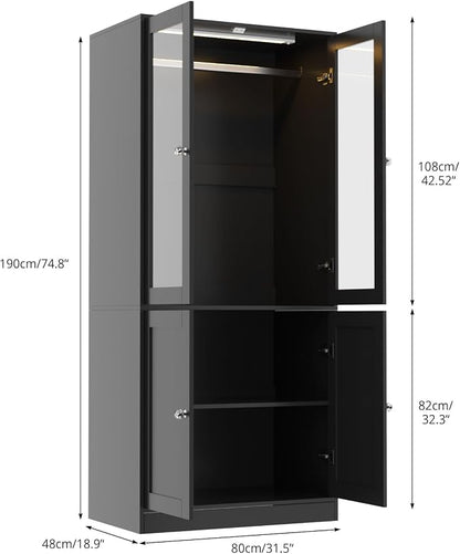 VOWNER 75" Tall Armoire Wardrobe Closet with Drawers & Lights, Clothing Storage Cabinet with 2 Glass Doors & Hanging Rod, Wooden Armoire Storage Cabinet for Bedroom (Black, 75''H)