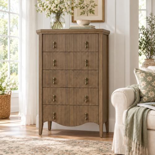 5-Drawer 47" Tall Fluted Dresser, Vertical Chest of Drawers,Light Oak