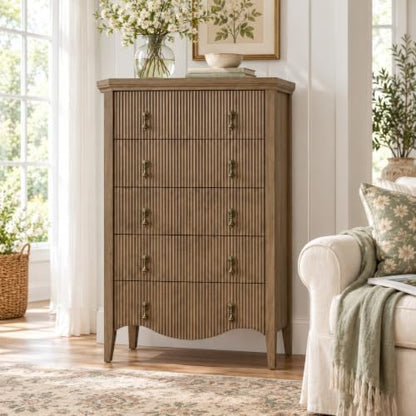 5-Drawer 47" Tall Fluted Dresser, Vertical Chest of Drawers,Light Oak