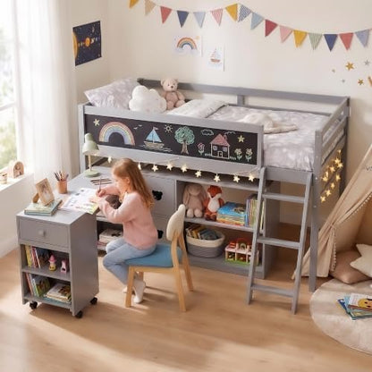 Low Loft Bed with Desk, Twin Size Solid Wood Bed Frame w/Storage Bookshelf & Blackboard, Full Guardrail, Ladder, No Box Spring Needed for Kids Teen, Easy Assembly (Grey)