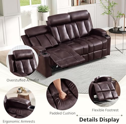 HAOMARKETS Premium Pu Leather Manual Recliner Sofa, Overstuffed 3-Seater Couch with Cup Holders and Padded Backrests, Heavy Duty Reclining Couches for Living Room, Dark Brown