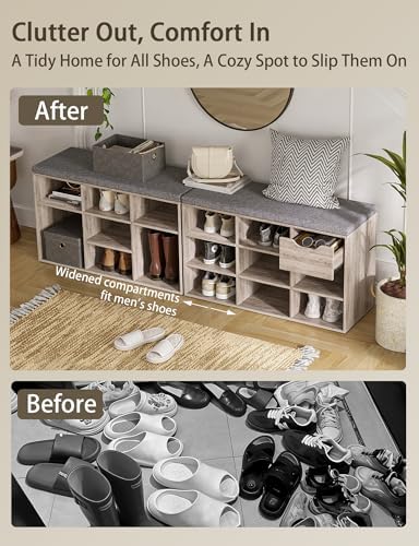 Shoe Storage Bench with Cushion, 31.5" Cubby Shoe Rack, 9 Cubbies