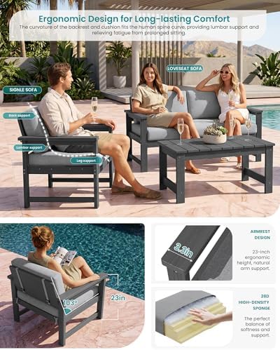 SERWALL 4 Pieces HDPE Outdoor Conversation Sofa Set with Cushions
