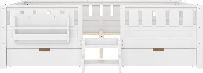 Bellemave Queen Size Kids Bed with high Rails and with Built-in Bookshelf and Drawers for Kids, Girls, Boys, Wood Montessori Bed Without Door, White