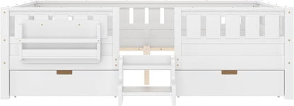 Queen Platform Bed with Storage Drawers and Bookshelves, Kids Platform Bed Frame with Low-profile Stairs and Full-length Guardrails, Queen Bed Frame for Boys, Girls, No Box Spring Needed, White