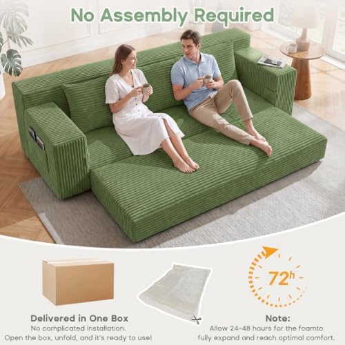 Boneless Couch for Living Room, 3 Seater Convertible Sofa Bed in Box, Green