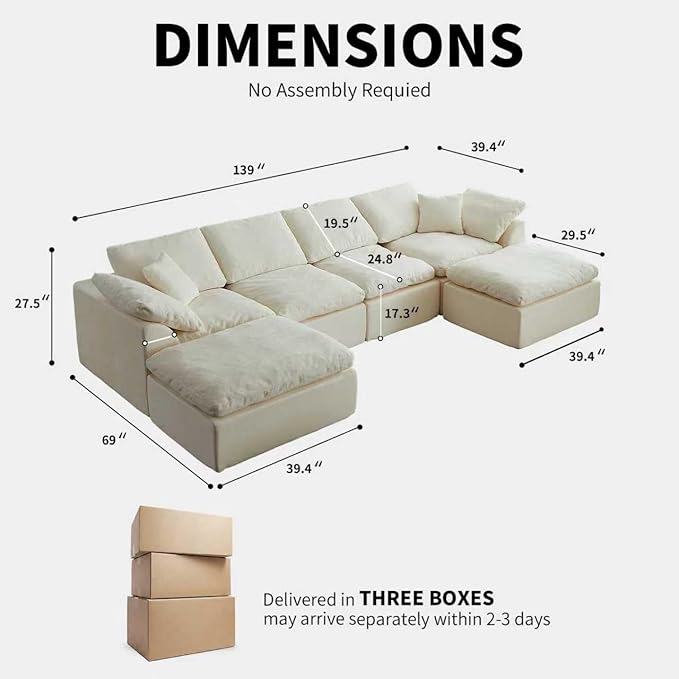 138" Boneless Cloud Couch Sectional for Living Room, Oversized Modular U Shaped Sofa with Double Chaise, Deep Seat Chenille Sectional Couch for Cloud-Like Comfort (6-Seater Green)