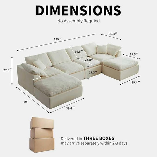 138" Boneless Cloud Couch Sectional for Living Room, Oversized Modular U Shaped Sofa with Double Chaise, Deep Seat Chenille Sectional Couch for Cloud-Like Comfort (6-Seater Green)