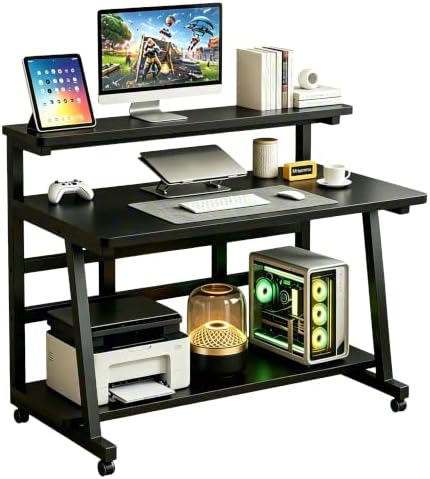 Rolling Computer Desk, 39.4 Inch Small Desks for Little Space, Portable Small Computer Desk with Monitor Stand & 3-Tier Storage, Portable Desk on Wheels for Writing.