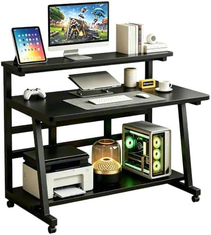 Rolling Computer Desk, 39.4 Inch Small Desks for Little Space, Portable Small Computer Desk with Monitor Stand & 3-Tier Storage, Portable Desk on Wheels for Writing.