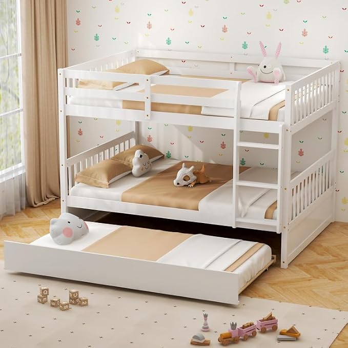 NAFORT Twin Over Twin Bunk Bed with Trundle, Solid Wood Bed Frame with Ladder & Safety Guardrails, Space Saving Bunk Bed for Kids Teens Adults Guest Room, Convertible Design, White
