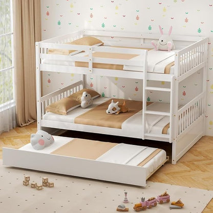 NAFORT Twin Over Twin Bunk Bed with Trundle, Solid Wood Bed Frame with Ladder & Safety Guardrails, Space Saving Bunk Bed for Kids Teens Adults Guest Room, Convertible Design, White