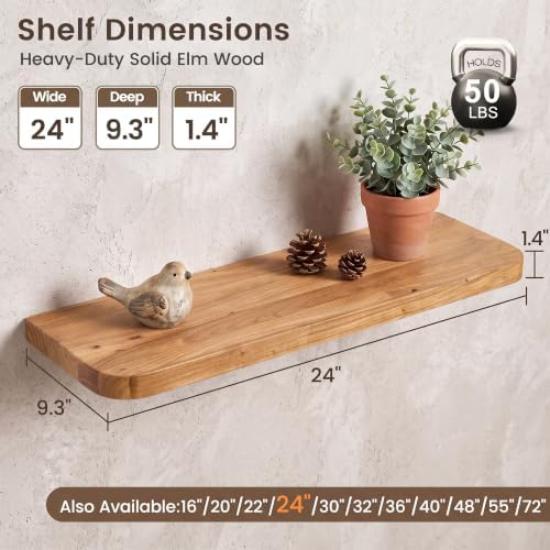 24 inch Floating Shelves for Wall, Elm Wood Rounded Edge, Natural, 2-Pack