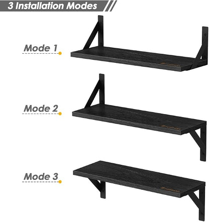 Forbena Black Floating Shelves Bathroom Set of 3, Wooden Wall Book Shelves, Rustic Shelf for Storage, Bathroom Organizer, Living Room, Kitchen, Office (Black)