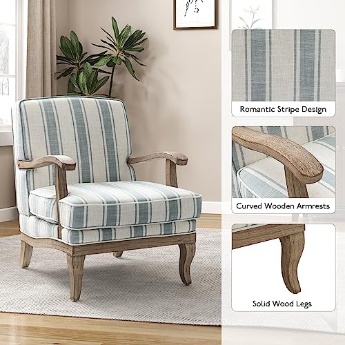 HULALA HOME Farmhouse Striped Accent Chairs Set of 2 with Wood Legs, Blue
