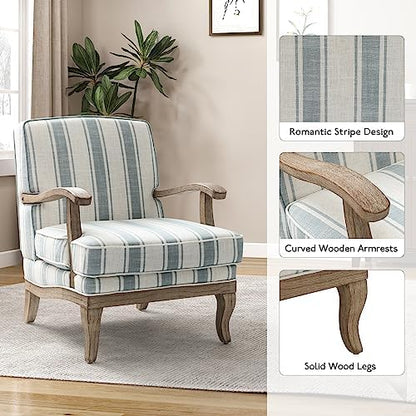 HULALA HOME Farmhouse Striped Accent Chairs Set of 2 with Wood Legs, Blue
