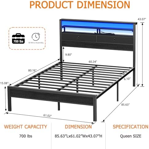 Queen Bed Frame with Charging Station and LED Lights, Black Oak