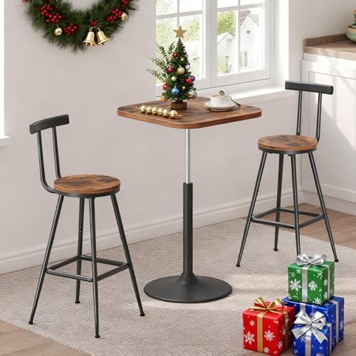 MAHANCRIS Bar Stools, Set of 2 Bar Chairs with Backrest and Footrest, 26" Tall Counter Stools, Metal Frame, Adjustable Feet, Easy Assembly, for Kitchen, Living Room, Pub, Rustic Brown BAHR6001