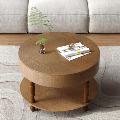 Round Wood Coffee Table for Living Room, Rustic Farmhouse Circle Coffee Tables with Storage 2-Tier Solid Wood Coffee Table for Apartment Office 31.5''Walnut