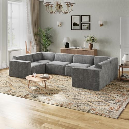 Novilla 134" Modular Sectional Sofa, No Assembly Cloud Sectional Couch with Smarts Coil® Support, Chenille Fabric U Shape Sectional Sofa, Boneless Couch for Living Room Apartment, Dark Gray (6 Seat)