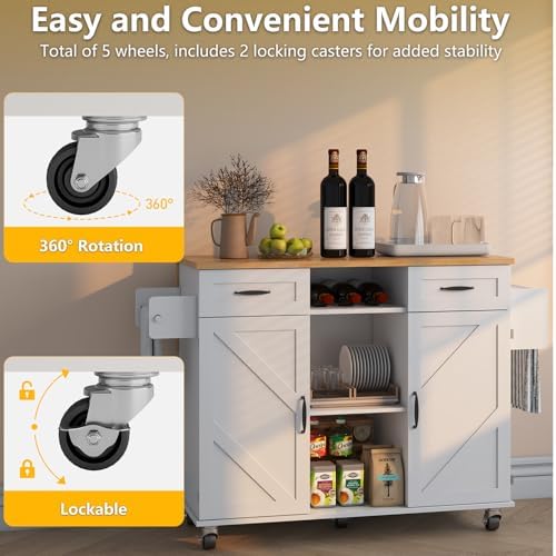 knoworld Rolling Kitchen Island with 2 Storage Cabinet & Drawers, 41.3'' Width Kitchen Cart with Desktop Drop Leaf Countertop, Portable Mobile Island with Towel Rack, Spice Rack Shelf, White2