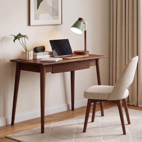 100% Solid Wood Home Office Desk, Oak Wood Writing Desk, Modern Computer Desk with Drawer for Sturdy Home Office Writing 31.49" W Walnut Color