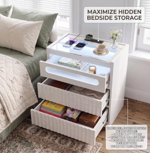 Fluted LED Nightstand with Charging Station,3 Drawer,White