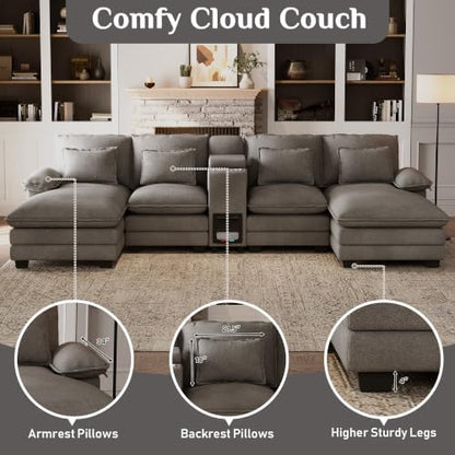 130" U Shaped Cloud Couch with Cat House,2 Chaise,Sensor Light, Stone Grey