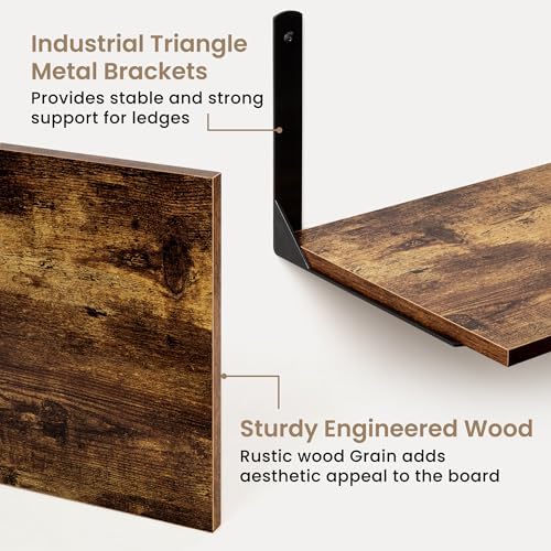 Rustic Brown 12 Inch Deep Floating Shelves Set of 2, Wall Mounted Shelf with Metal Brackets, Rustic Wood Wall Shelf for Bathroom, Kitchen and Living Room, Rustic Brown, 55W x 12D