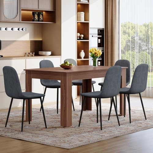 7 Piece Dining Table Set for 6｜ 59-87 Inch Extendable Rectangular Dining Table with 6 Chairs and 2 Extension Leaves｜Modern Walnut Wood Kitchen & Dining Room Set