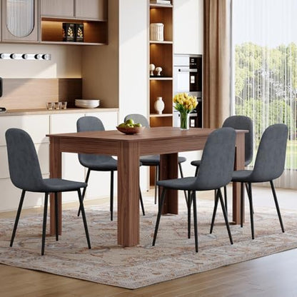 7 Piece Dining Table Set for 6｜ 59-87 Inch Extendable Rectangular Dining Table with 6 Chairs and 2 Extension Leaves｜Modern Walnut Wood Kitchen & Dining Room Set