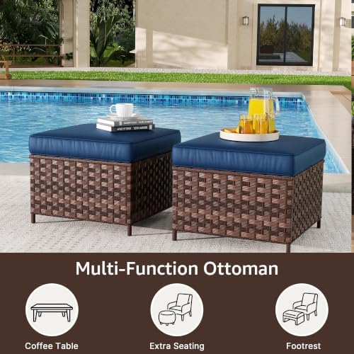 Outdoor Ottoman Set of 2, Patio Large Ottoman Foot Rest with Thickened Cushions, Outdoor Wicker Foot Stool for Porch, Deck Use, Blue