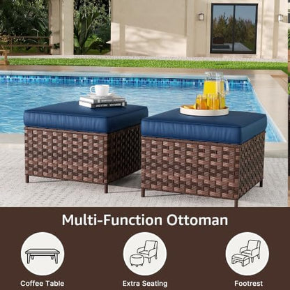 Outdoor Ottoman Set of 2, Patio Large Ottoman Foot Rest with Thickened Cushions, Outdoor Wicker Foot Stool for Porch, Deck Use, Blue