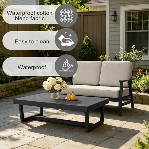 Pia Ricoo Outdoor Premium Teak Wood Loveseat with Armrests & Table, All‑Weather Outdoor Furniture for Backyard, Deck, Lawn, Light Camel/Dark