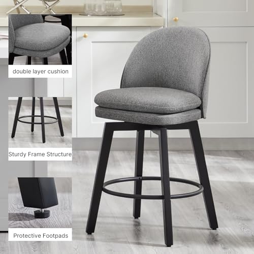 KISLOT Counter Height Barstools 26 inch Upholstered Swivel Bar Stools with Back and Wood Legs for Kitchen Island,Set of 2,Dark Grey Fabric-Armless