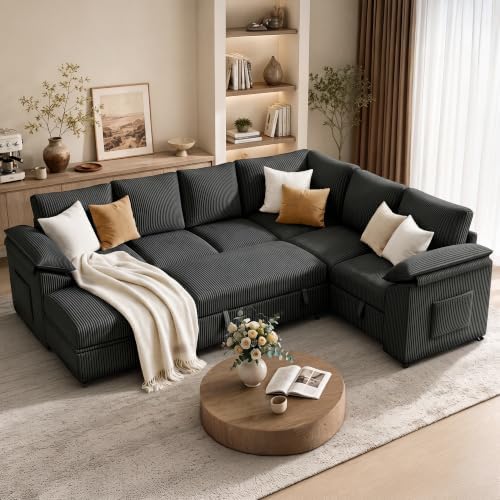 Sectional Sleeper Sofa with Pull Out Bed, Corduroy Couch with Storage