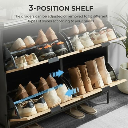 Shoe Cabinet with 4 Flip Drawers, Narrow Entryway Rack, Oak&Black