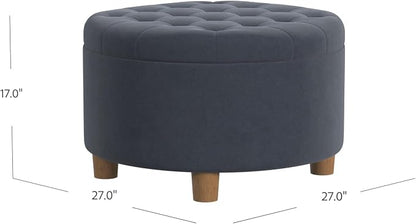 HomePop 28" Button Tufted Velvet Round Storage Ottoman - Steel Blue Velvet