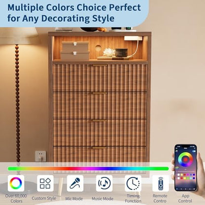 28"W 4 Drawers Dresser for Bedroom with LED and Charging Station, Walnut