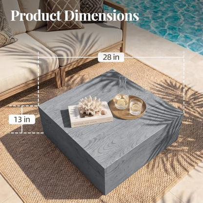 UPHA 28" Square Outdoor Coffee Table, Travertine Look, Gray Wood Finish