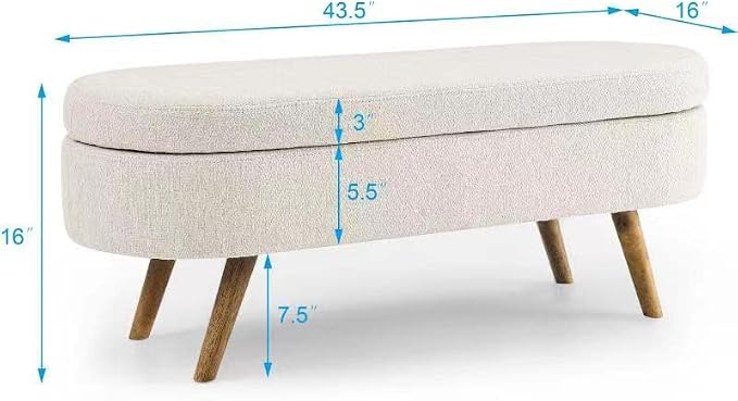 43.5" Oval Storage Bench, End of Bed Storage Benches, Linen Fabric Upholstered Ottoman Bench with Safety Hinge for Living Room Entryway Bedroom Hallway (Beige, 43.5 inch)