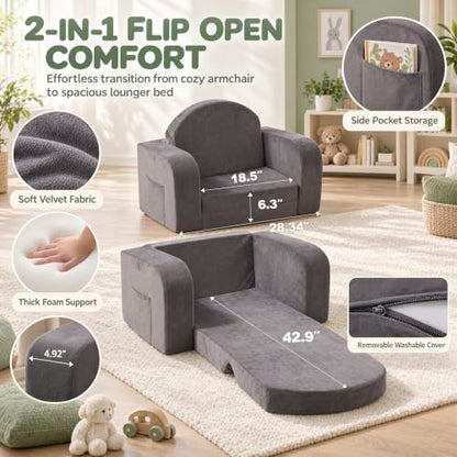 Kids Couch 2-in-1 Foldable Kids Sofa, Thick Foam & Extra Large,Grey