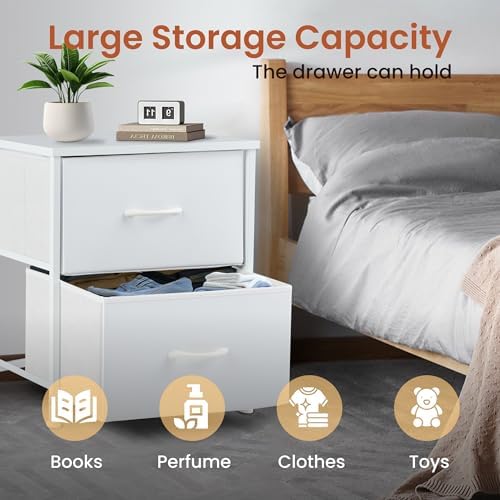 Hexago Nightstand Small Dresser with 2 Fabric Drawers Side Table, Nightstand Storage Chest, Bedroom End Table Kids Bedside Storage Furniture for Closet, Entryway, Dorm, White, 2 Pack