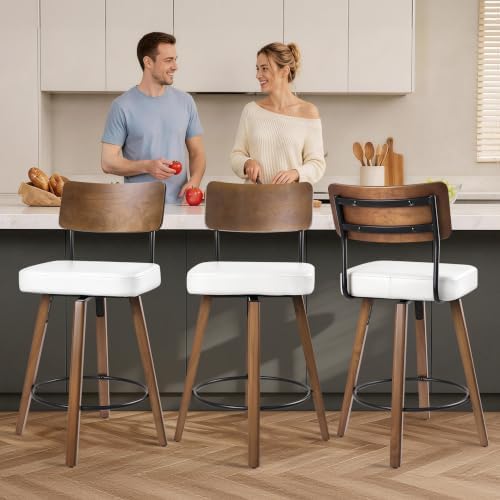 Counter Height Bar Stools with Wood Back and Legs, 25 inch Swivel Bar Stools Set of 2, Upholstered Bar Chairs, Wooden Swivel Bar Chairs Counter Stools for Kitchen Island Farmhouse, White &Wood