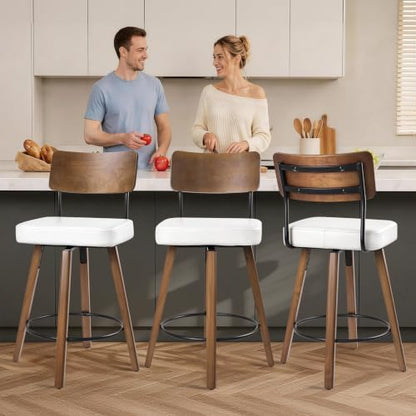 Counter Height Bar Stools with Wood Back and Legs, 25 inch Swivel Bar Stools Set of 2, Upholstered Bar Chairs, Wooden Swivel Bar Chairs Counter Stools for Kitchen Island Farmhouse, White &Wood