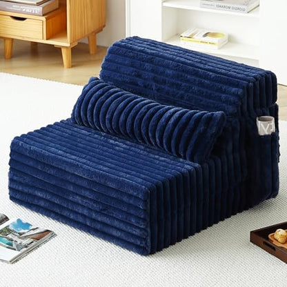 Tiita Folding Sofa Bed Convertible Sleeper Chair Mattress with Pillow & Side Pocket, Thick Corduroy Floor Mattress Couch Bed, Single Size, Navy