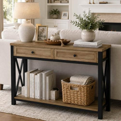 BON AUGURE Entryway Table with Storage, Sofa Table 2 Drawers, 47In Vintage