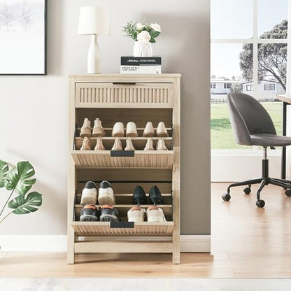 2-Flip Drawer Shoe Cabinet Narrow Entryway Rack, Oak
